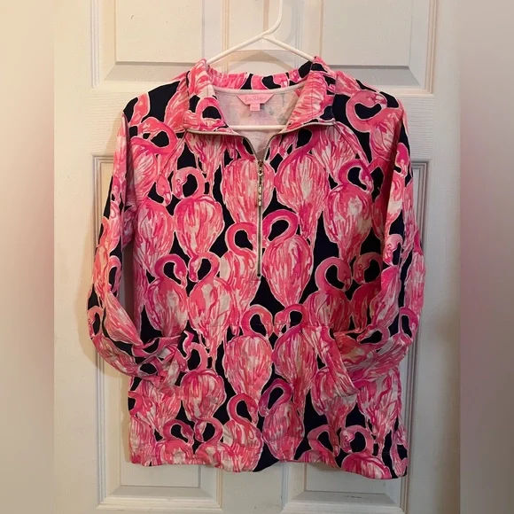 Lilly Pulitzer UPF 50+ Skipper Printed Popover Women's S Pink Flamingo 1/2 Zip - Picture 4 of 5